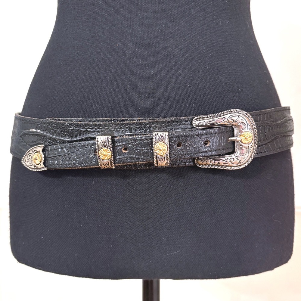 Vintage Western Rock Star Belt Black Croc Leather Studded Silver Buckle Sz 38